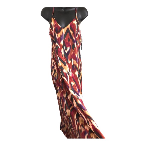 Nicole Miller brown gold ikat style v-neck satin effect maxi dress size small - Picture 4 of 13